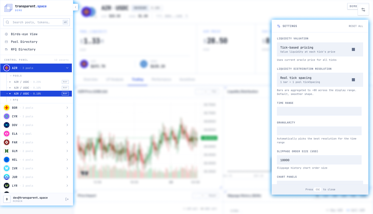 Sidebar context panel and filter controls in the dashboard